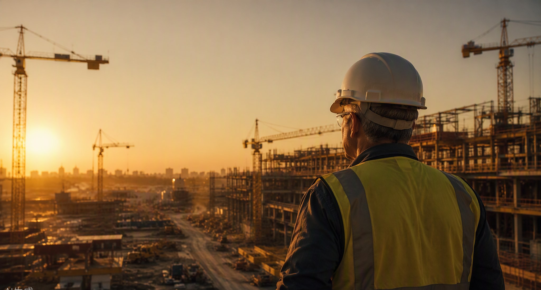 Senior operator at a construction site, golden hour