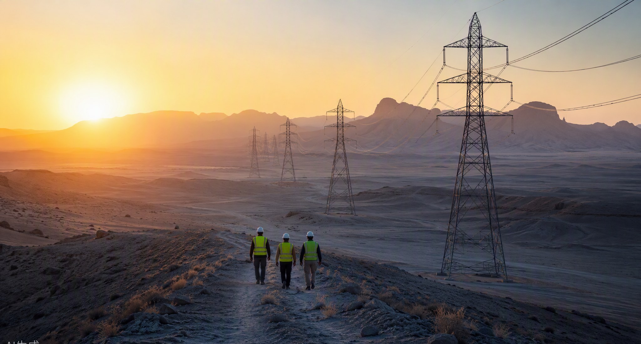 Workers walking a transmission corridor at dawn