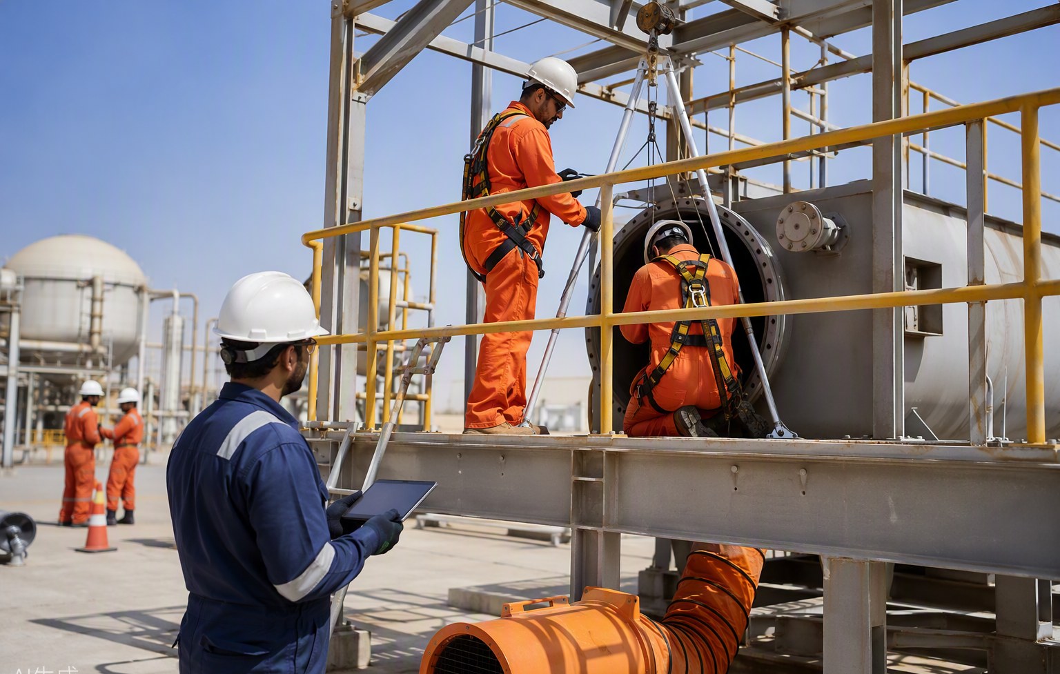 Workers practicing confined-space entry at the Kalibra campus