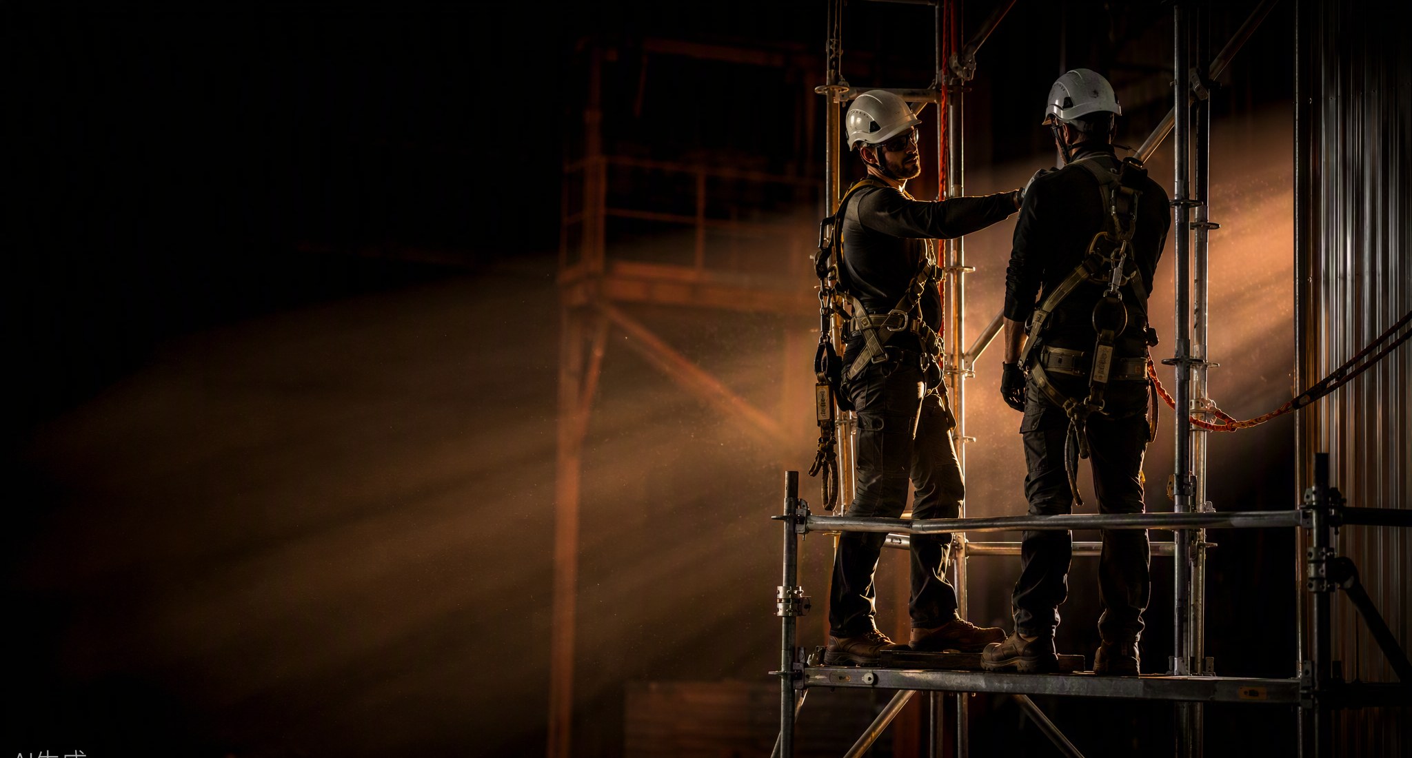 Workers training at height on scaffolding