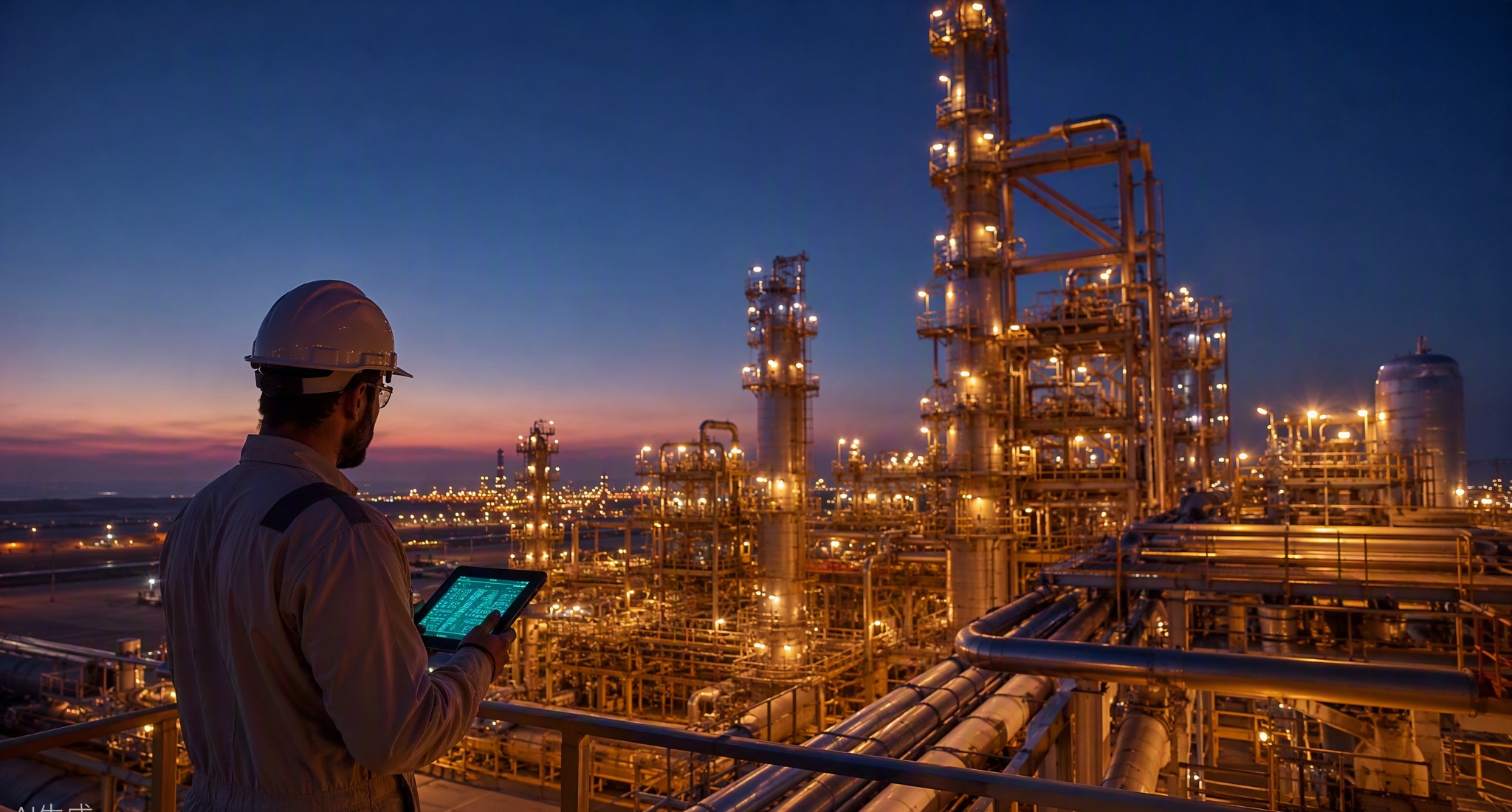 Process facility at dusk with an engineer reviewing barriers