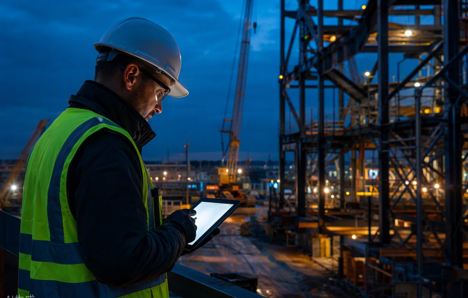 Field inspector verifying a control at blue hour
